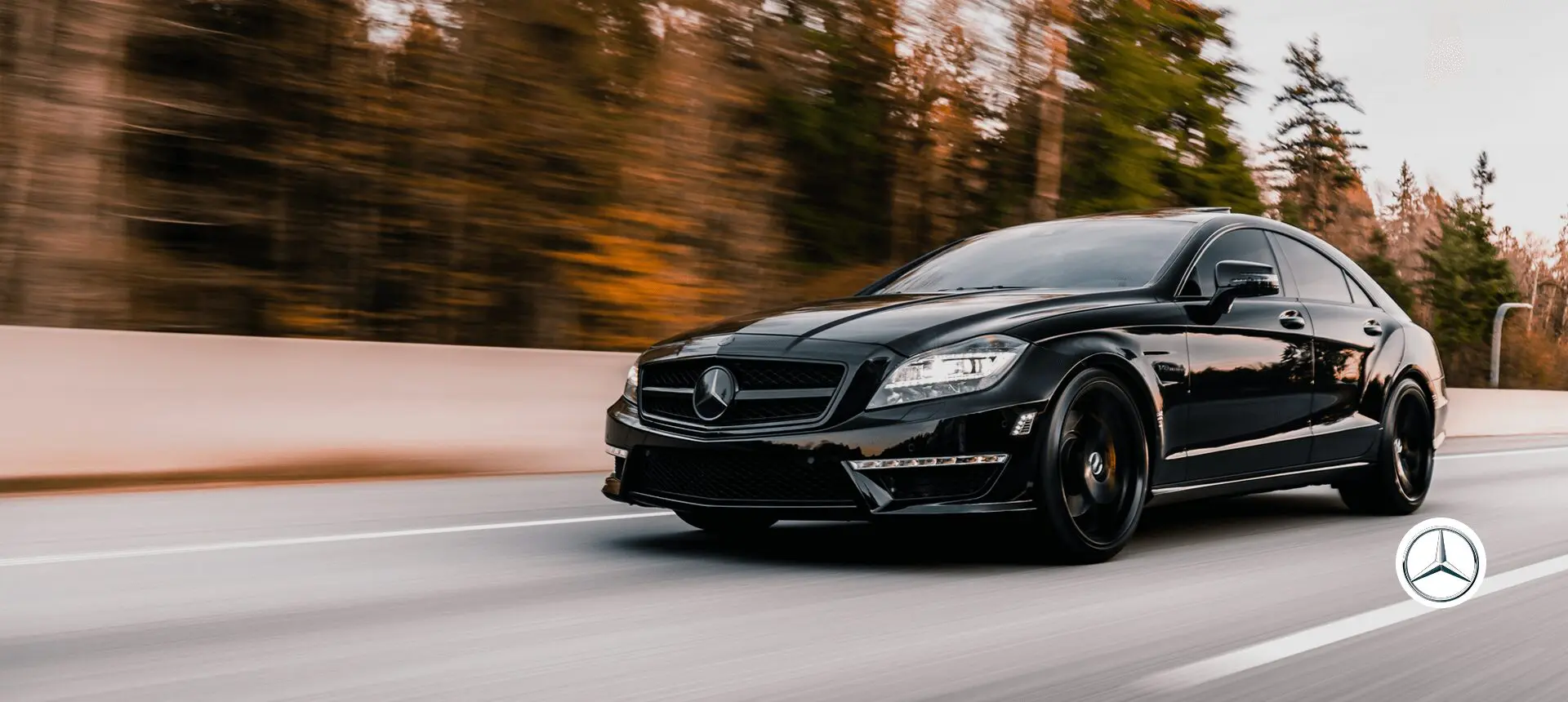 Black car driving on a forest road